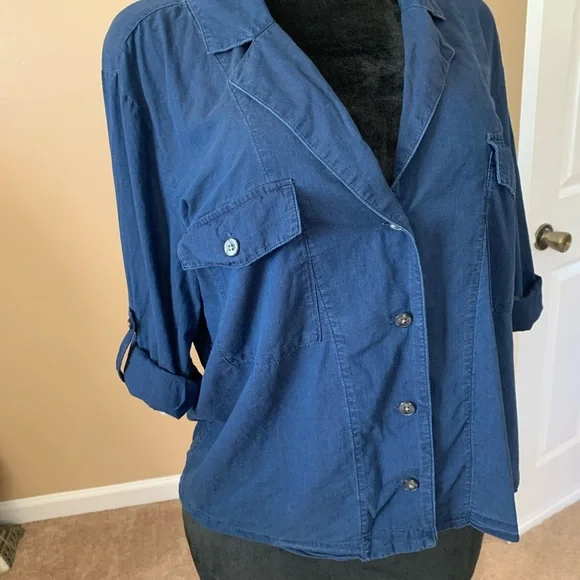 J Crew Camp Collar Shirt Womens 12 Blue V
Neck Cotton Voile Button Up Roll Tab - Picture 7 of 11